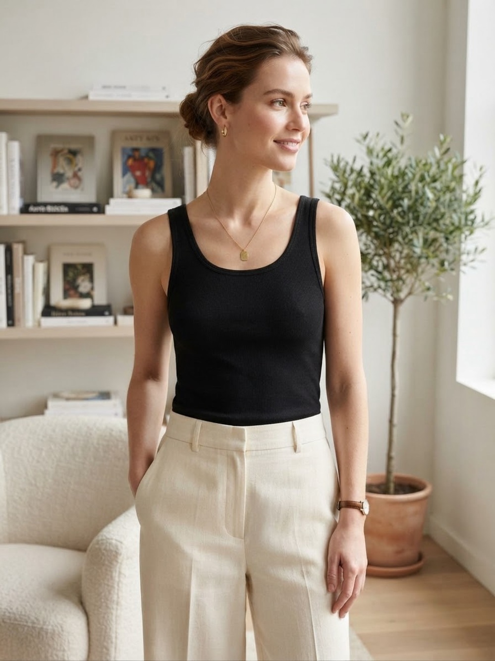 Eileen Fisher Black Organic Cotton Ribbed Tank Top Size Large Quiet Luxury